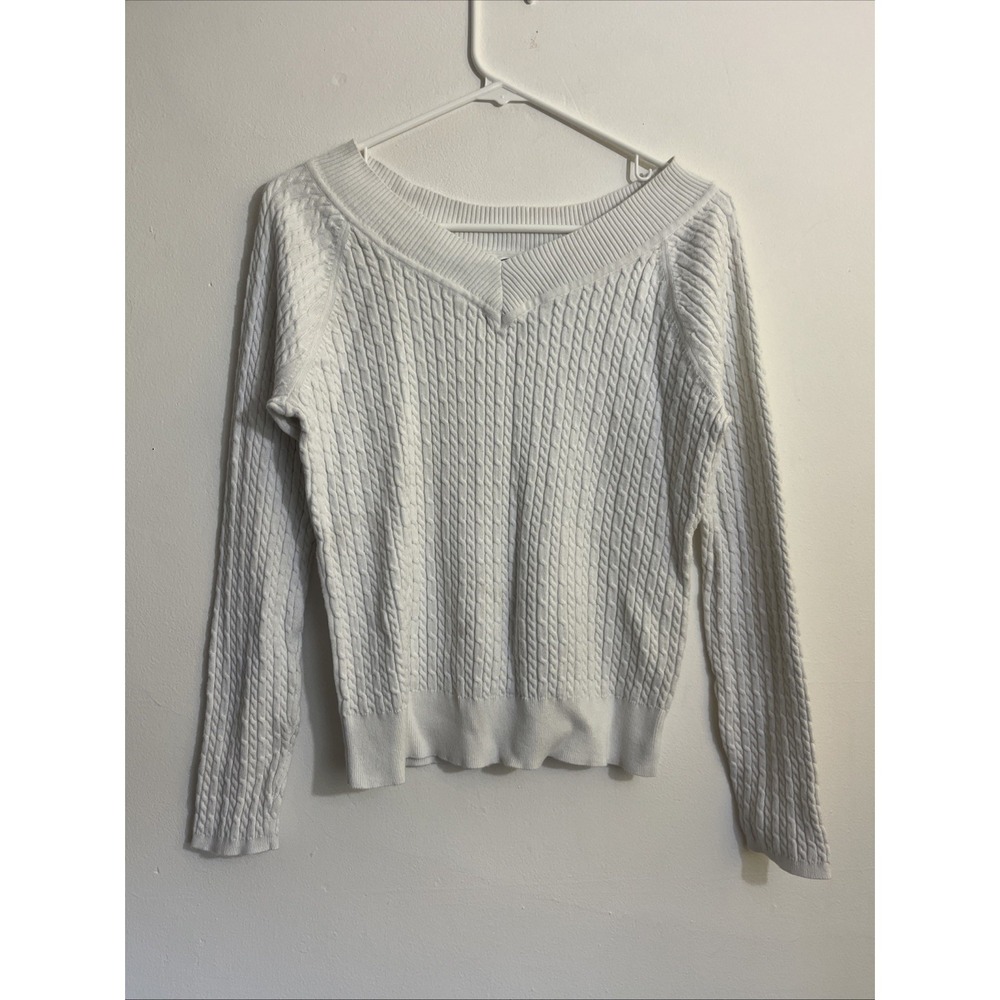 Talbots‎ Fisherman Sweater V Neck White Cable Knit L Vtg